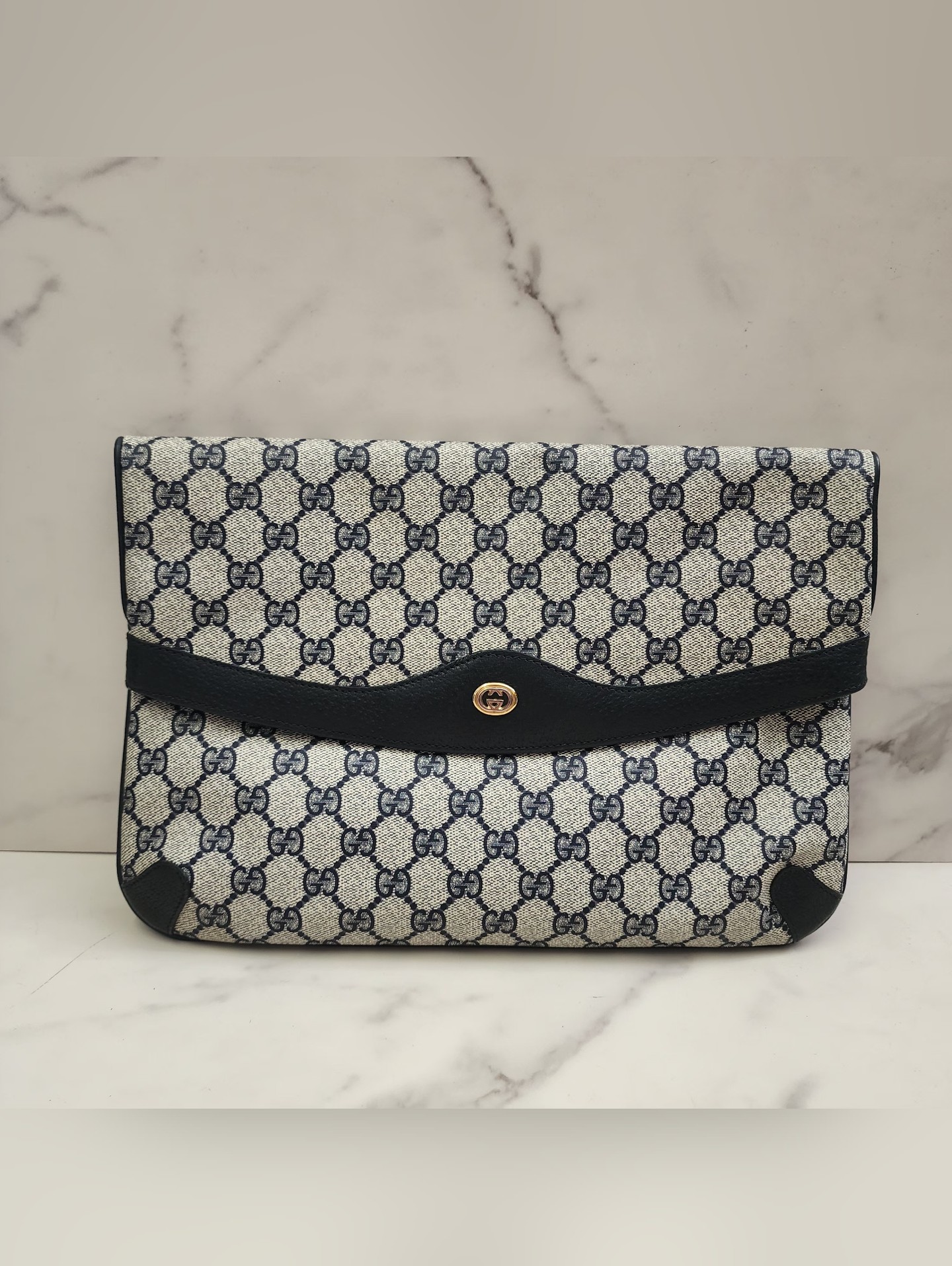 Authentic Vintage Sherry Line Navy Blue Gucci Supreme Clutch With Digital Coa